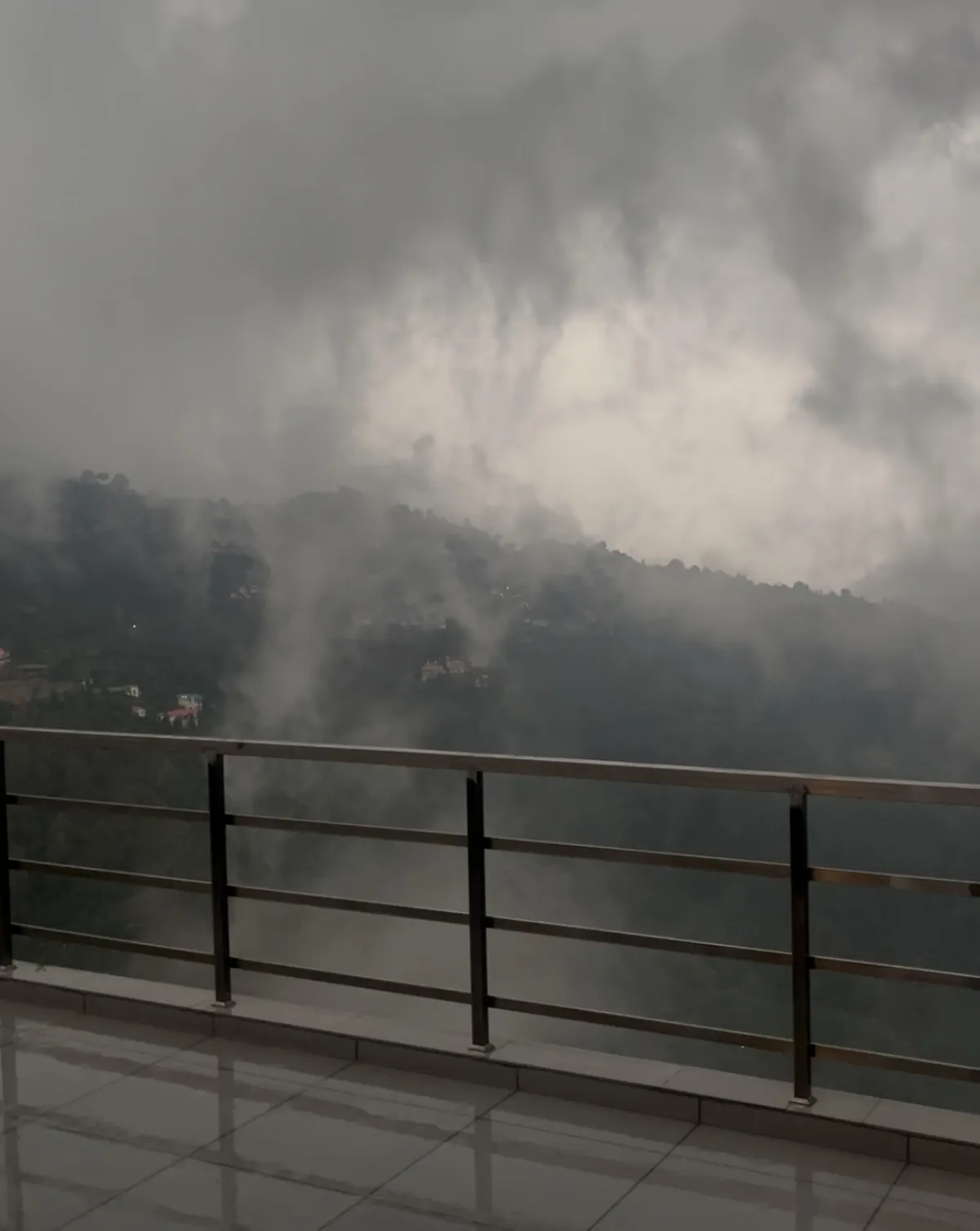 Clouds coming over the terrace railing, Hotel Cloud Inn, Ramgarh, Nainital (2 of 2)