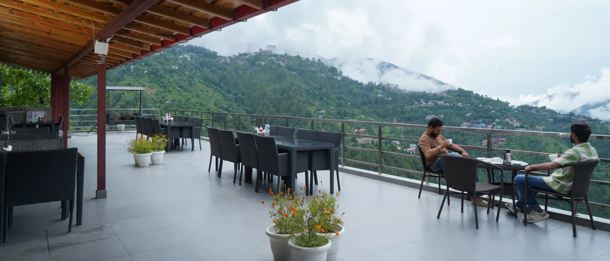 Open rooftop terrace, tables set, Hotel Cloud Inn, Ramgarh, Nainital (1 of 4)
