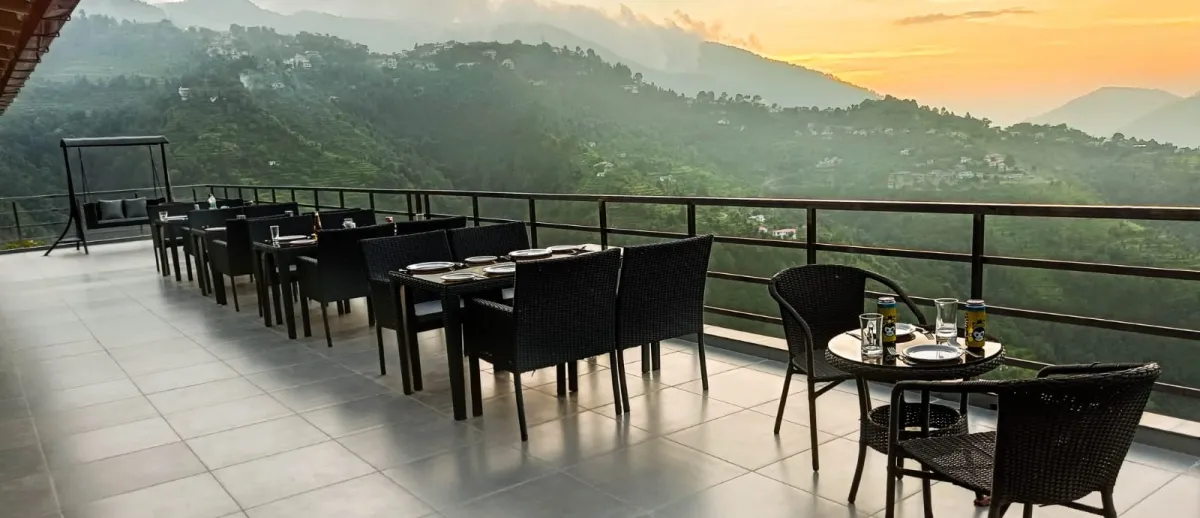 Open rooftop terrace, tables set, Hotel Cloud Inn, Ramgarh, Nainital (4 of 4)
